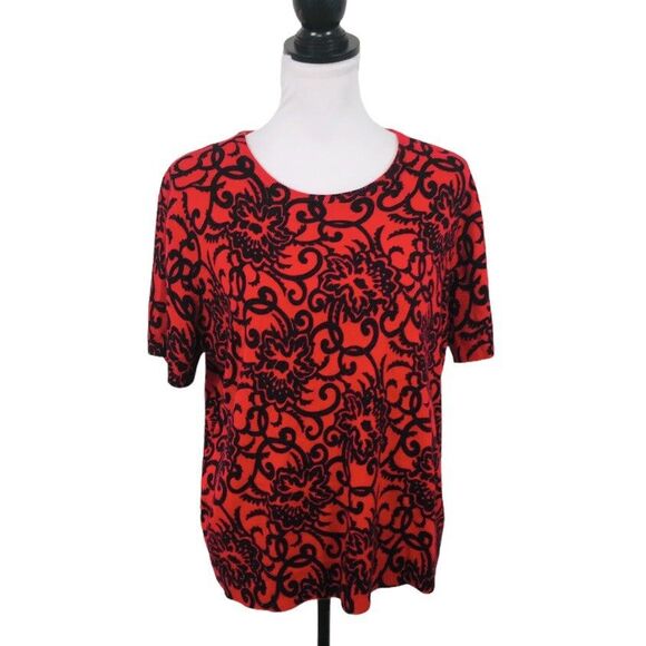 Sag Harbor Knit Top Womans Size XL Red Black Floral Short Sleeves Pullover Shirt - Picture 1 of 9